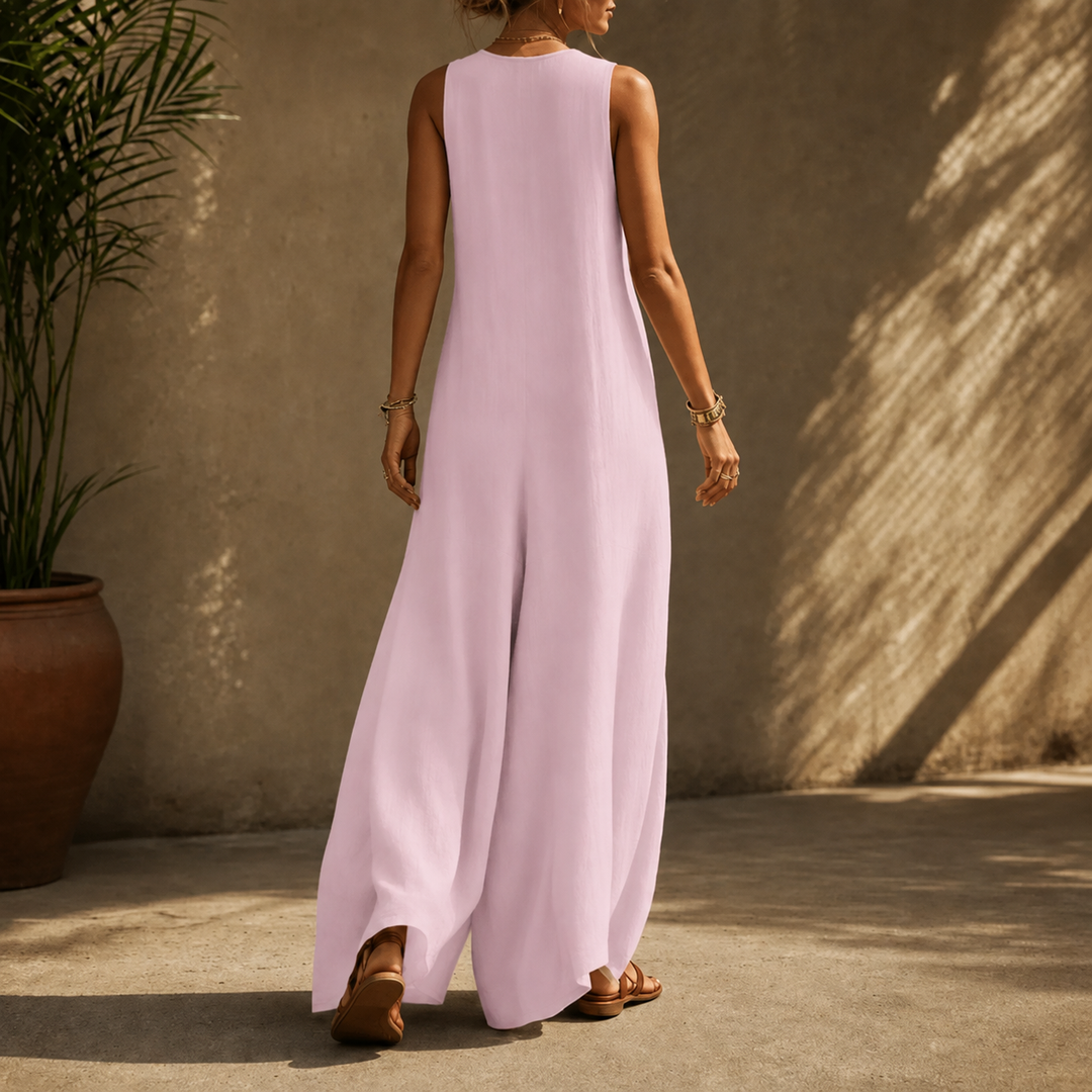 Wearvelle – Sleeveless Wide-Leg Jumpsuit with Diagonal Buttons and Pockets