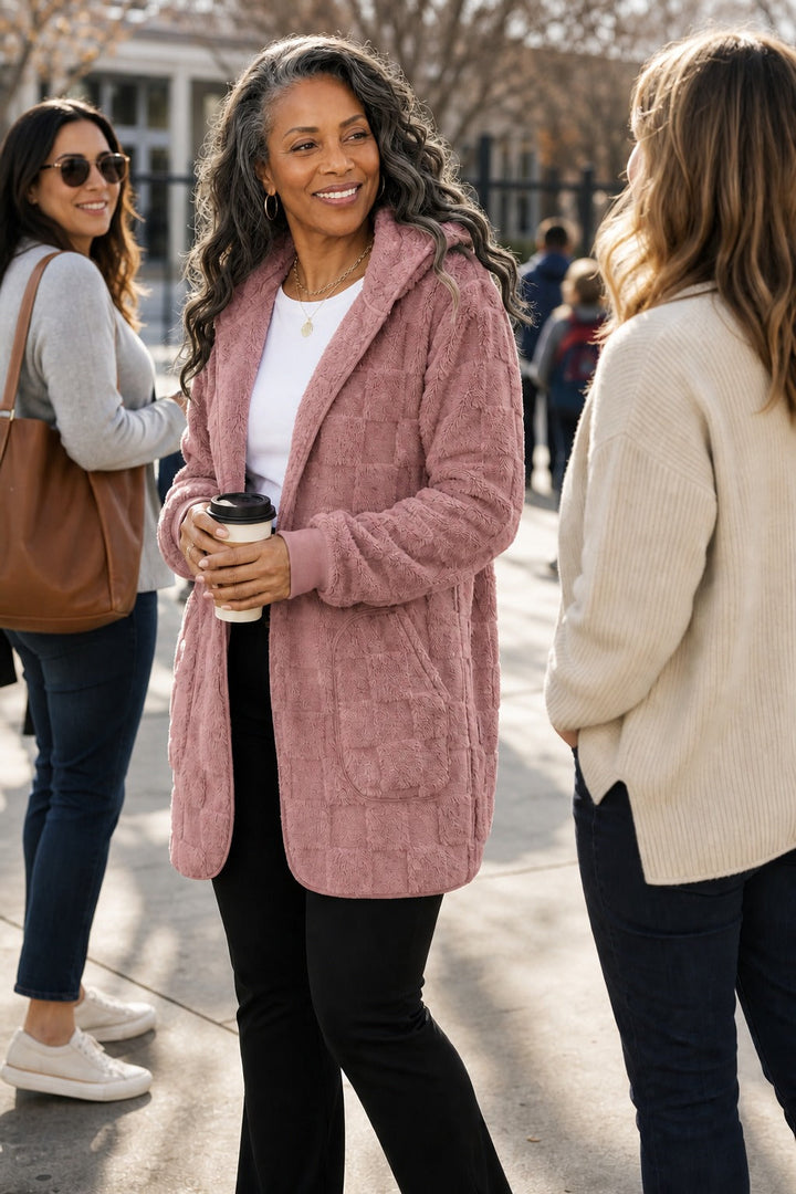 Plushden – Checkered Fuzzy Open-Front Cardigan