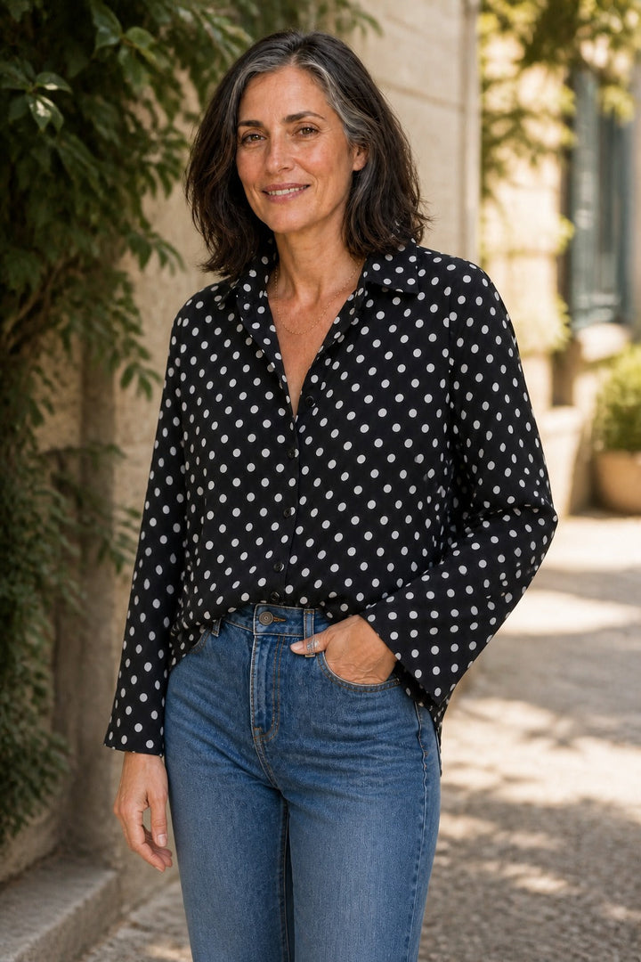 Wearbella – Polka Dot Lapel Long Sleeve Blouse