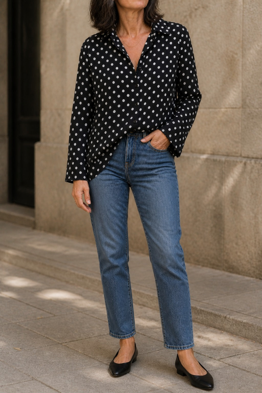 Wearbella – Polka Dot Lapel Long Sleeve Blouse