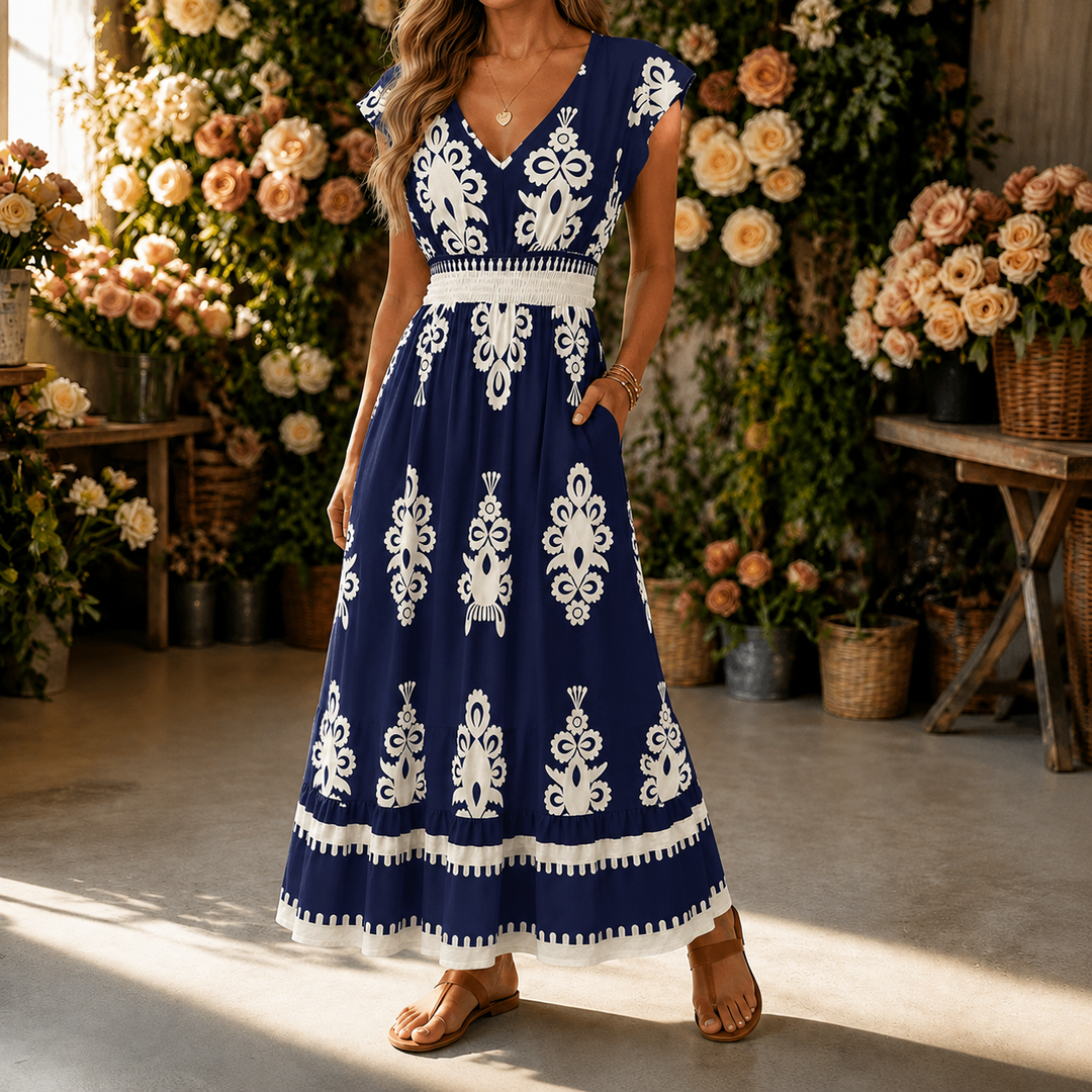 Osyrel – Women's Damask Print Midi Dress with V-Neck