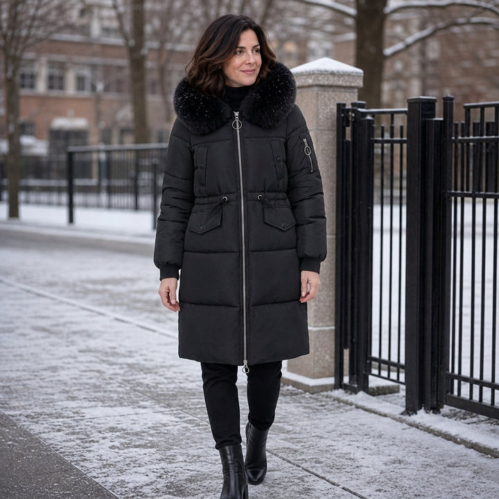 Veluna – Plush Hood Trim Mid-Long Padded Winter Coat