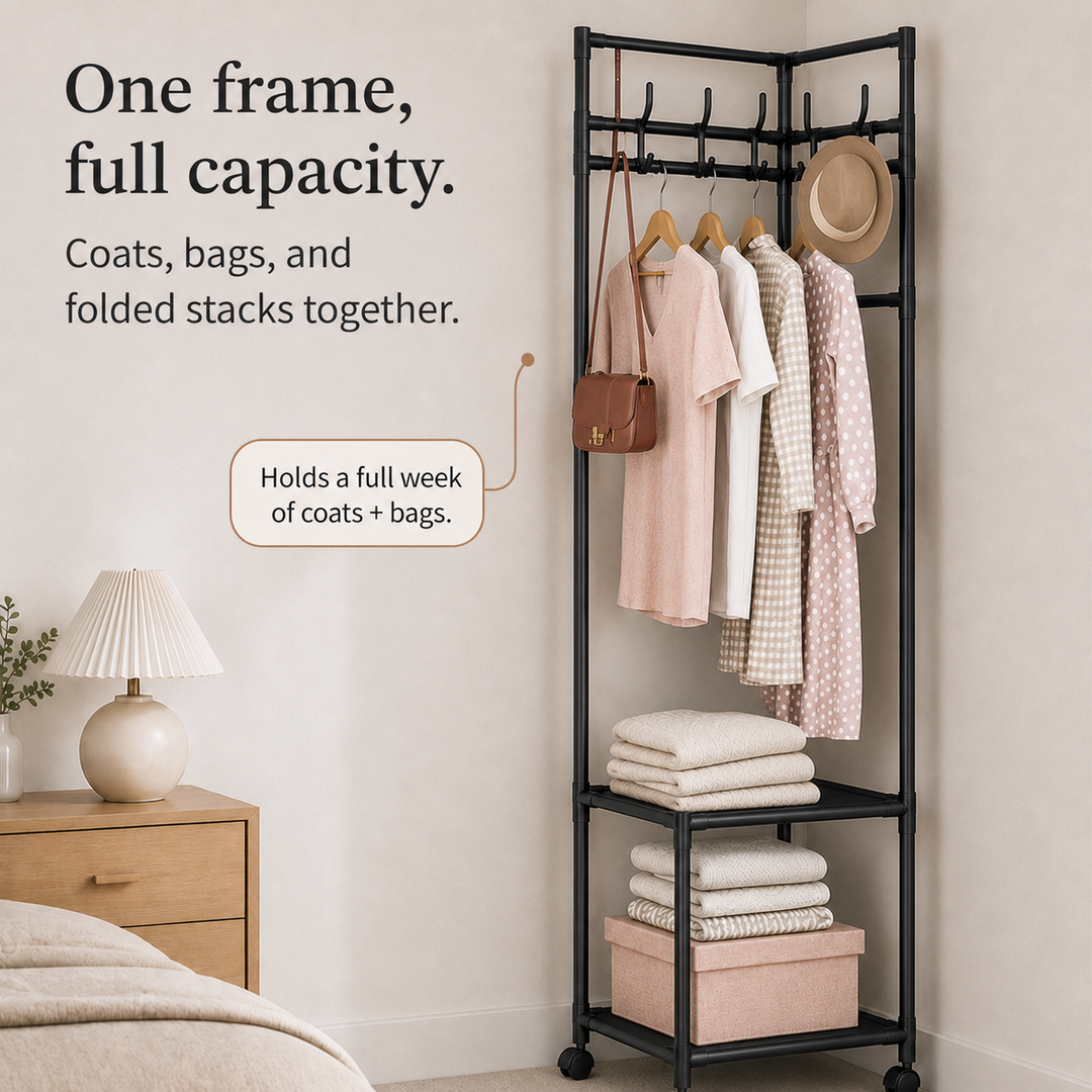 Nookstand – Space-Saving Garment Rack With Shelf And Hooks