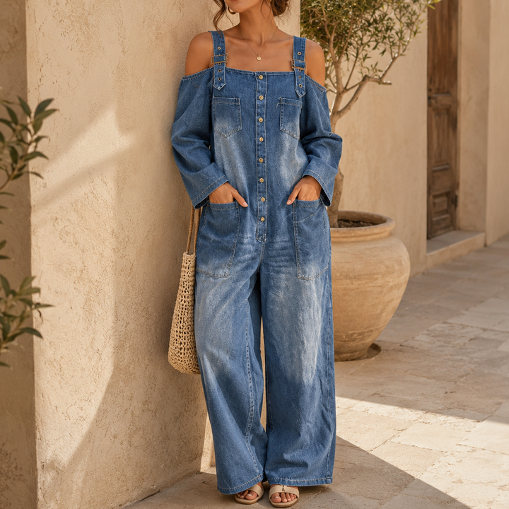 Wearbella – Wide-Leg Cold-Shoulder Denim Overall Jumpsuit