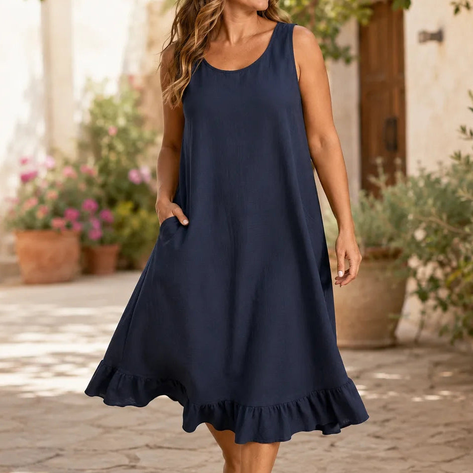 Sunelora – Sleeveless Ruffle Hem Midi Dress with Pockets, Linen Look A Line Summer Dress