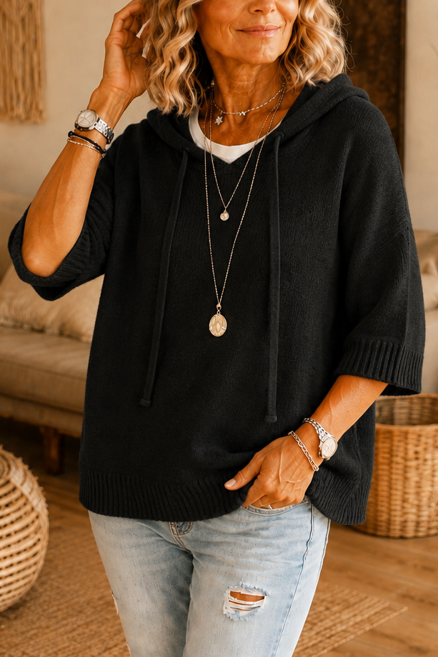 Loungel – Distressed Open-Knit Drawstring Hoodie