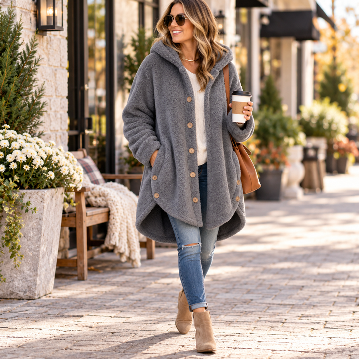 Veluna – Asymmetrical Button-Front Hooded Fleece Coat