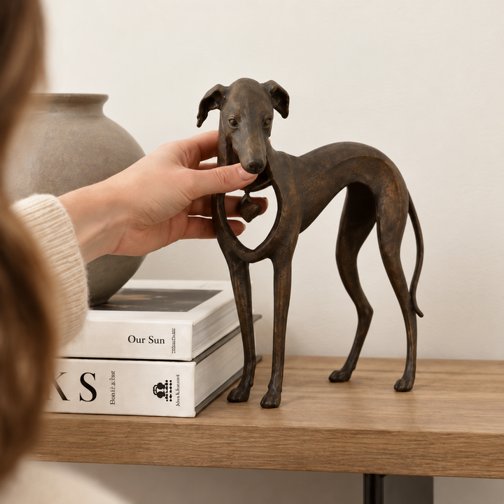 Hound & Heart – Aged Bronze Sighthound Sculpture With Hanging Heart