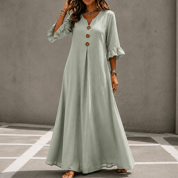 Marellia – Flowy Linen-Look V-Neck Maxi Dress with Pockets