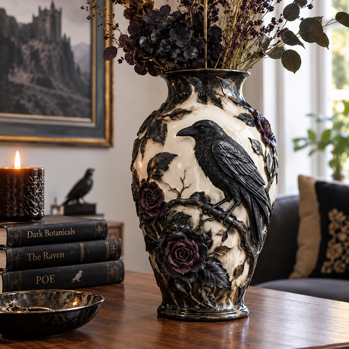 Ravenora – Sculpted Raven And Skull Decorative Vase