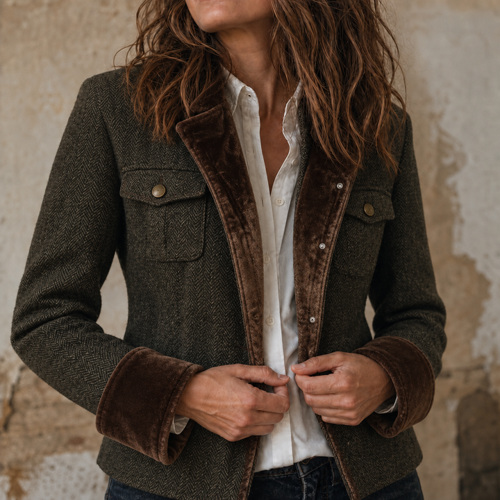 Herrivé – Contrast-Trim Herringbone Structured Blazer