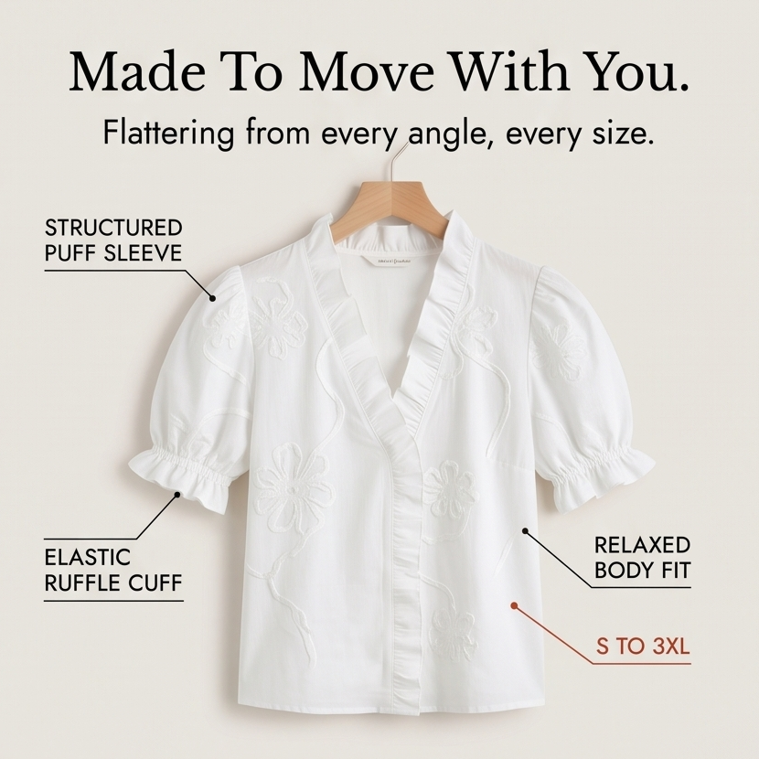 Belvera™ Romantic Ruffled V-Neck Blouse with Puff Sleeves