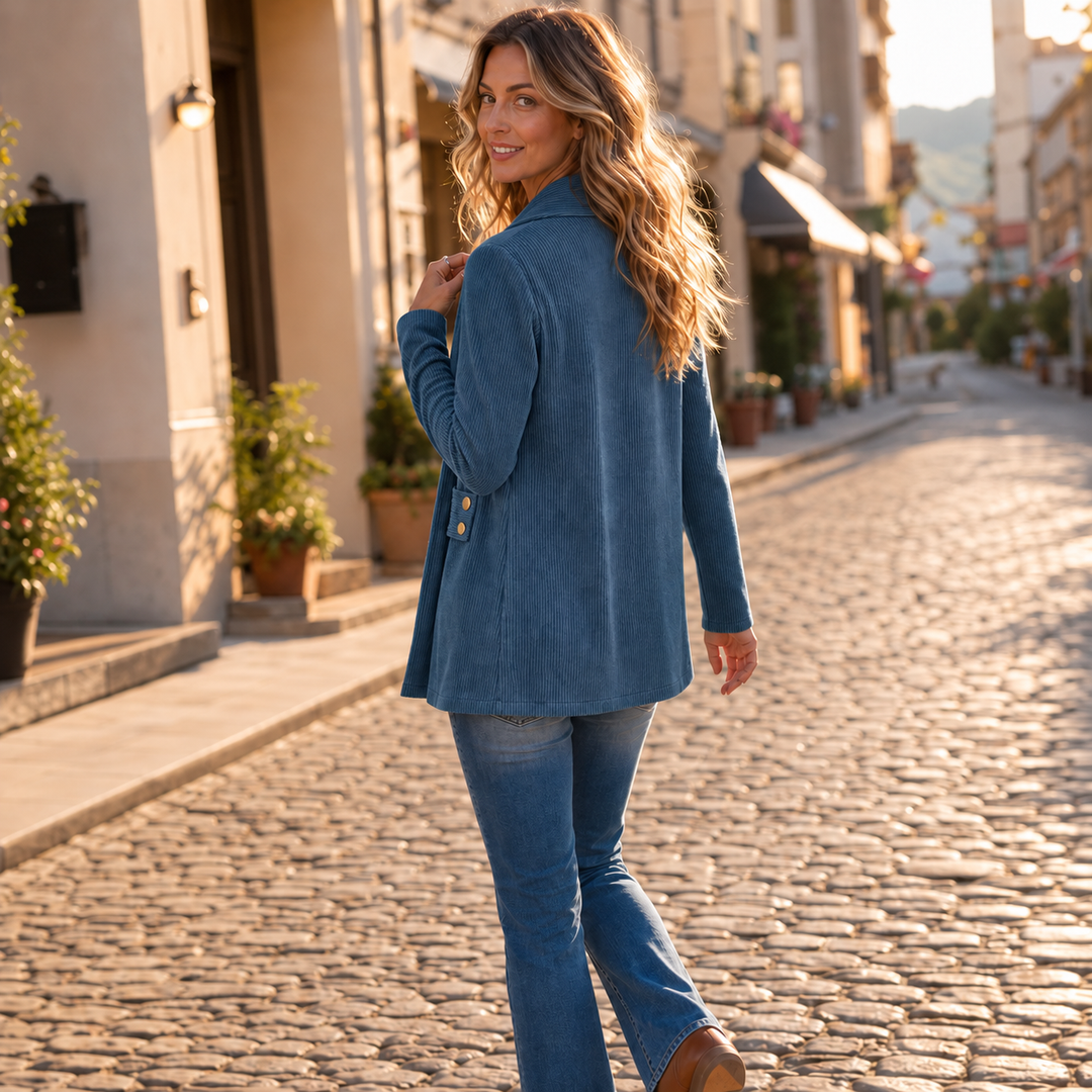 Ribvale – Open-Front Ribbed Corduroy Waist-Tab Jacket