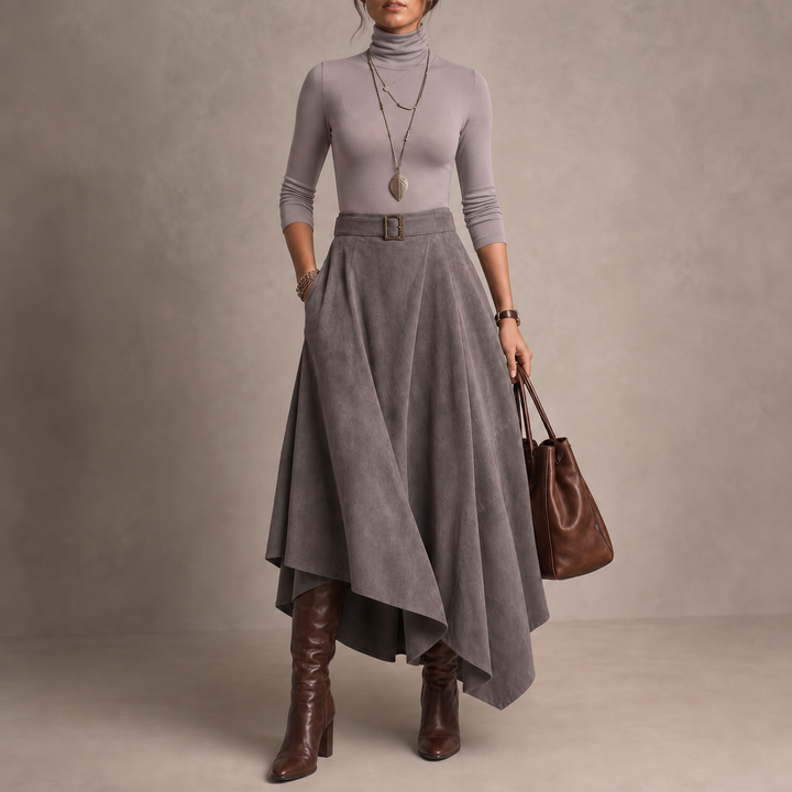 Sienna Fold – Asymmetrical Pleated Faux-Suede Skirt Set