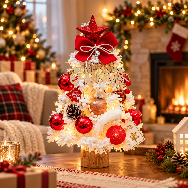 Everpine – Pre-Decorated Snow-Flocked Tabletop Christmas Tree