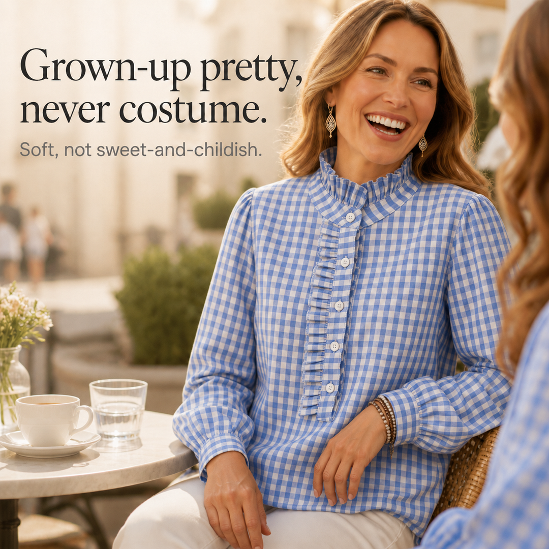 Larkspur – Ruffle Collar Gingham Placket Blouse