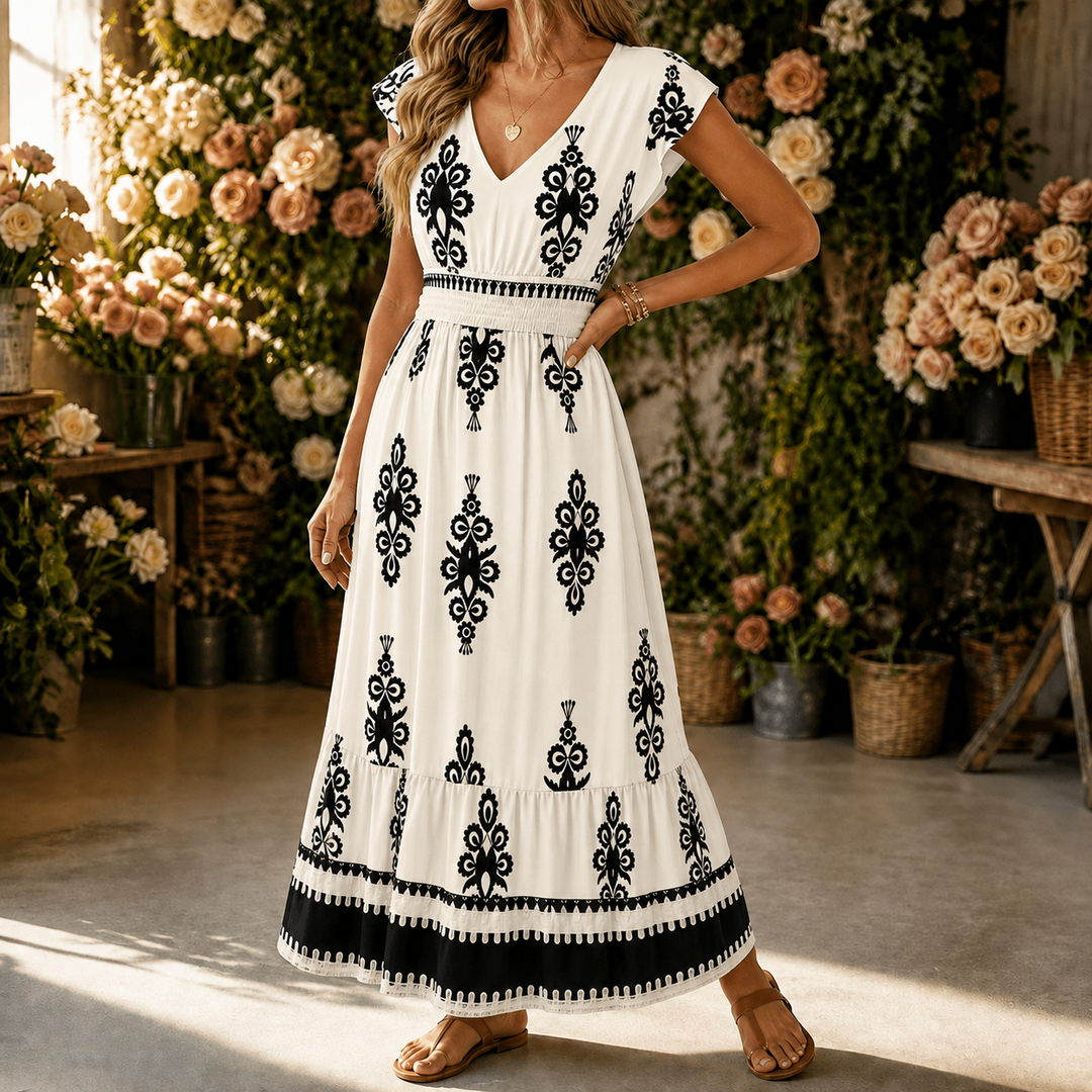 Osyrel – Women's Damask Print Midi Dress with V-Neck