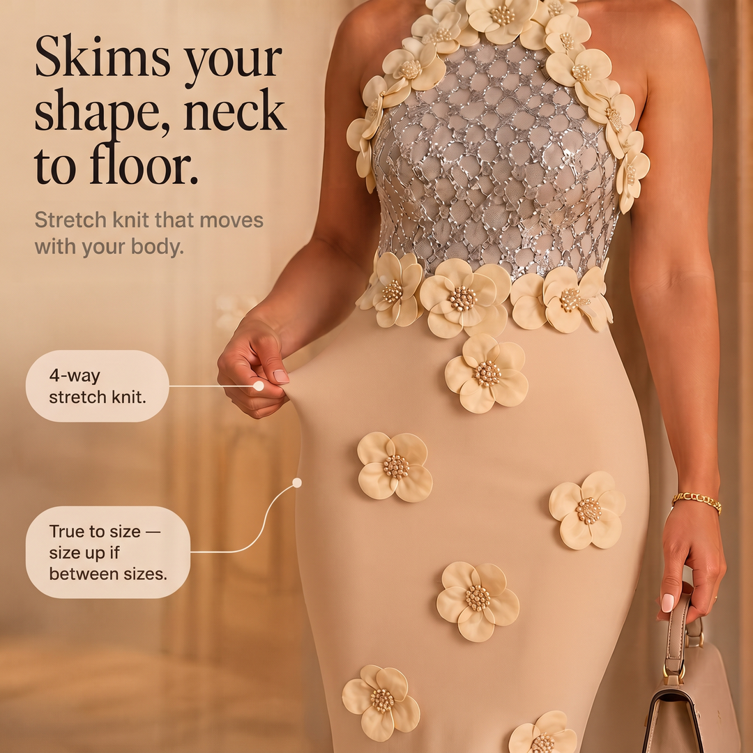 Fioretta – Floral Appliqué Sequin-Bodice Halter Maxi Dress