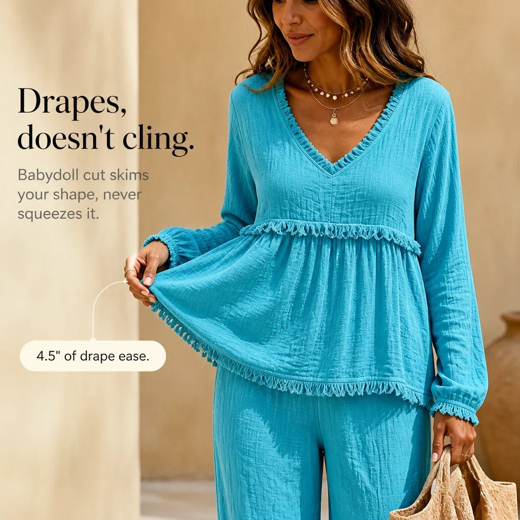 Boho Belle – Fringe-Trim Crinkle Top And Wide-Leg Pants Set