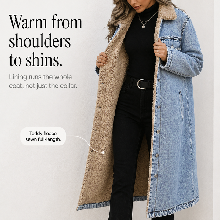 Denora – Sherpa-Lined Full-Length Denim Coat