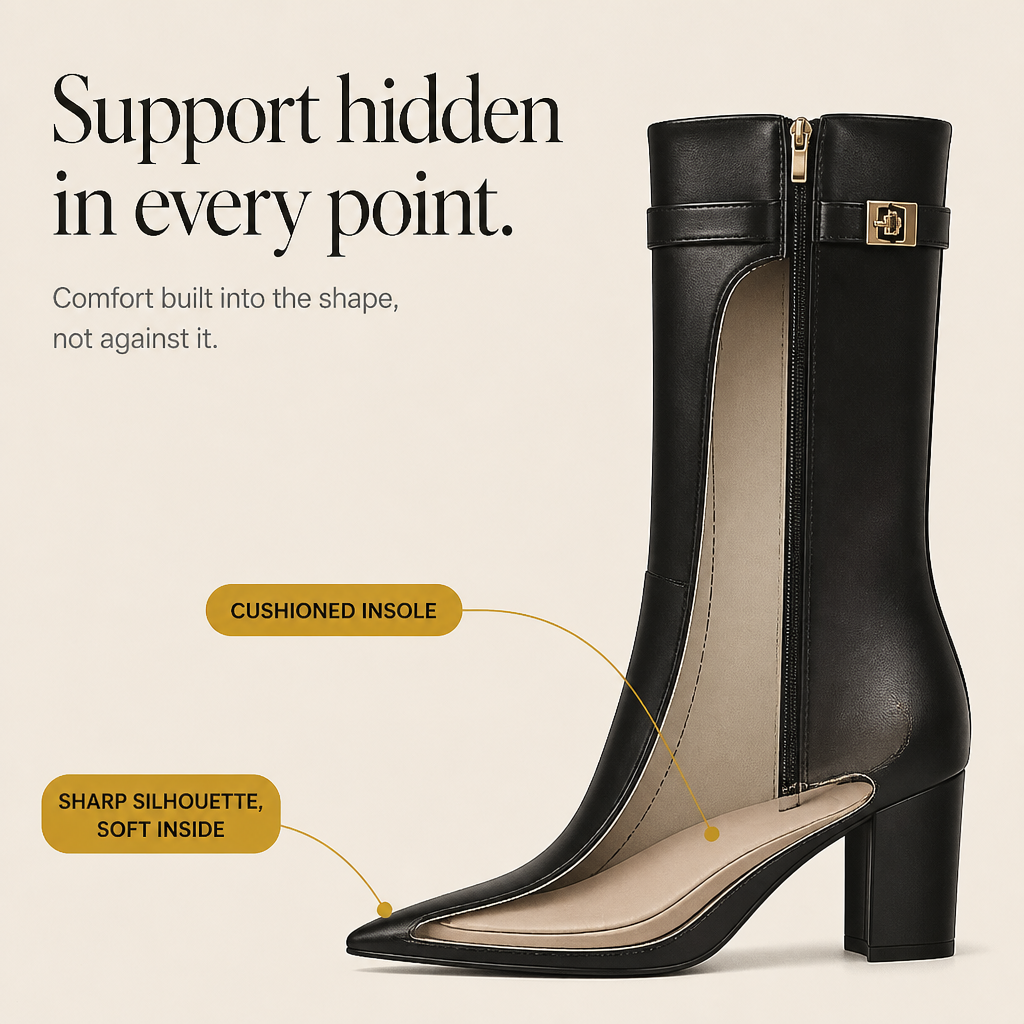 Solvera – Gold Buckle Pointed-Toe Knee-High Boots