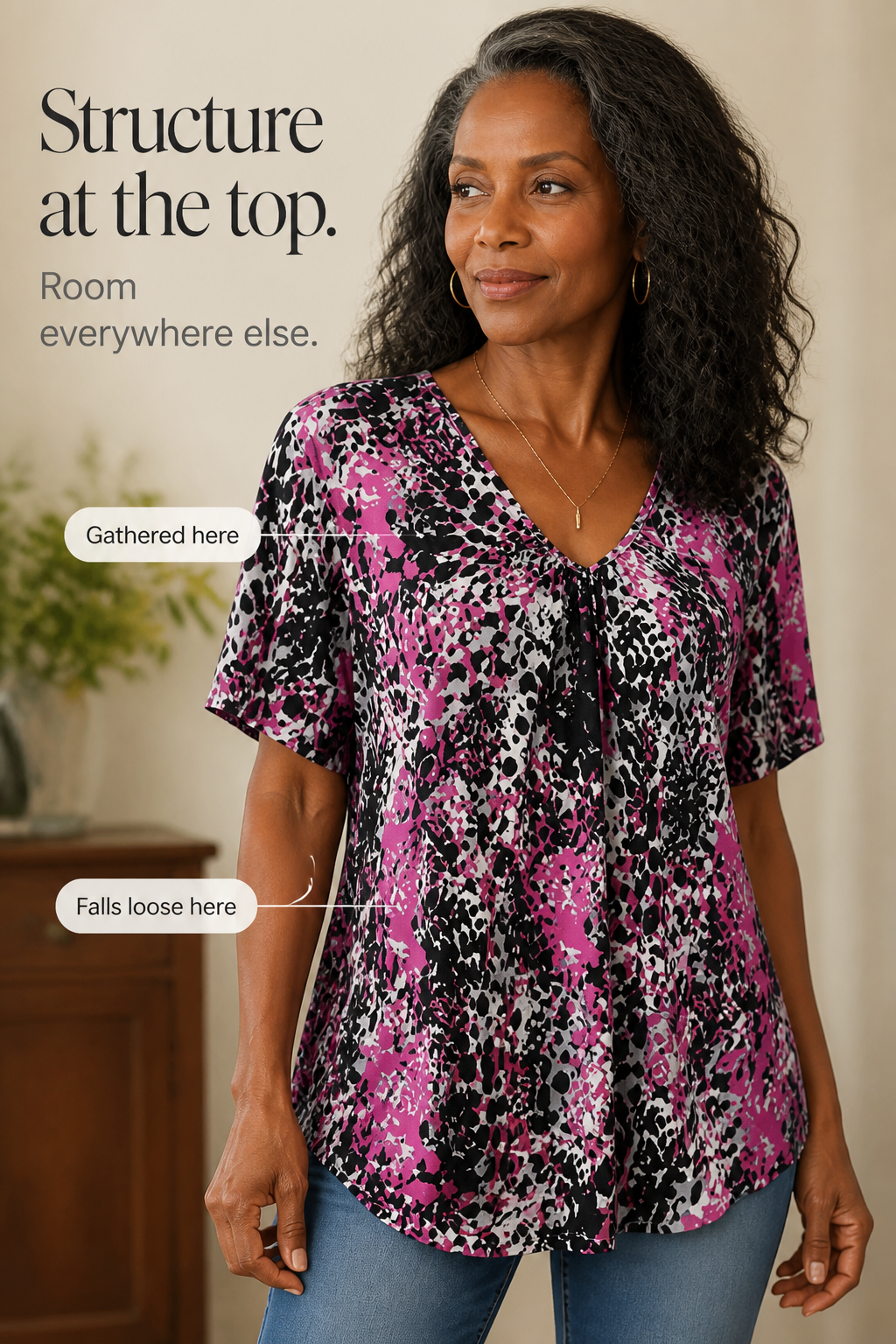 Ocella – Gathered-Bust V-Neck Leopard Print Tunic Top