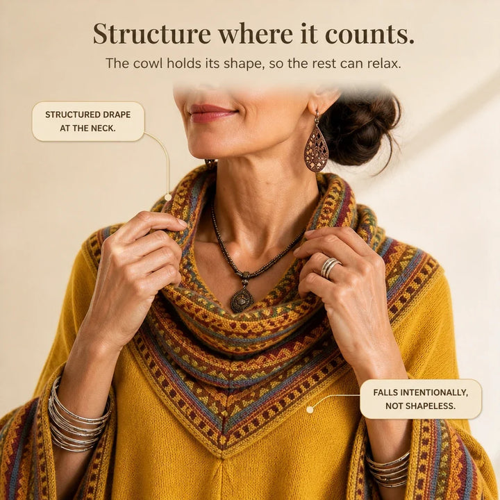 Cowl & Clover – Geometric Cowl-Neck Knit Poncho Top