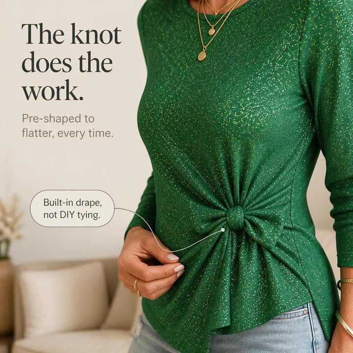 Lumiere – Metallic Shimmer Side-Knot Long-Sleeve Top