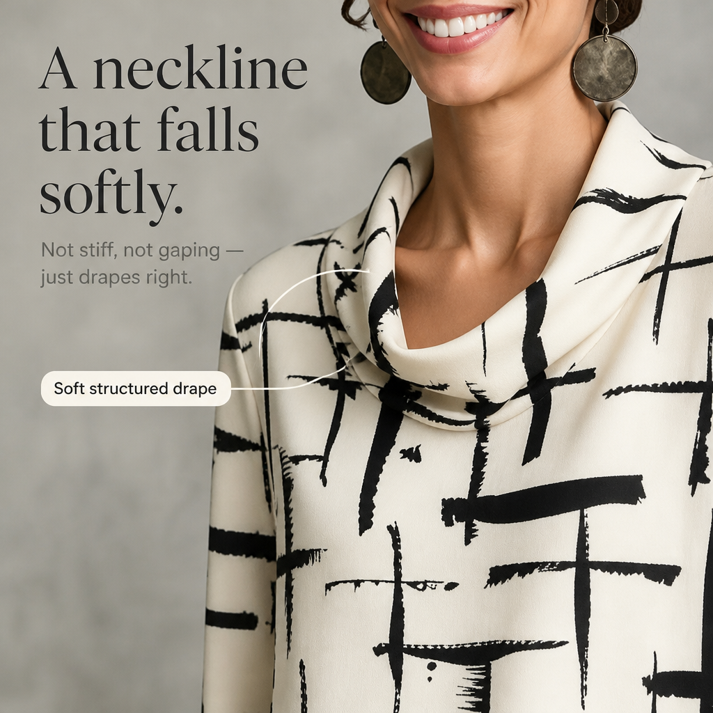 Cowlina – Cross-Print Cowl-Neck 3/4-Sleeve Blouse