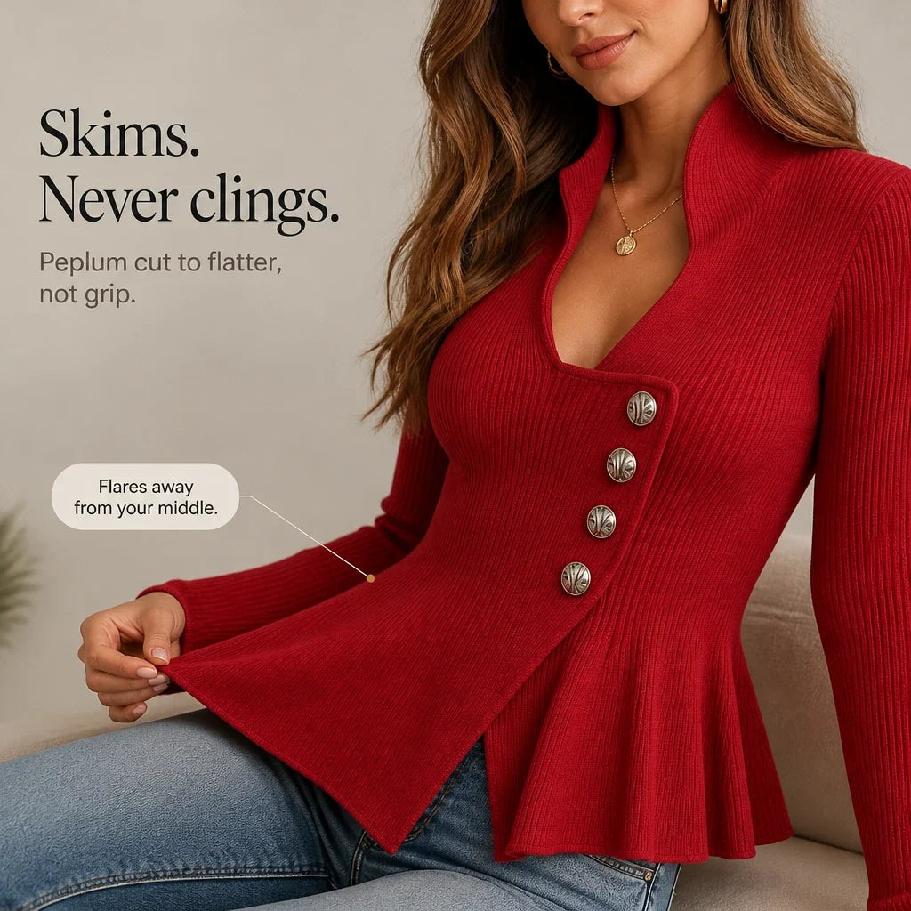 Velora – Asymmetrical Button Ribbed Peplum Top