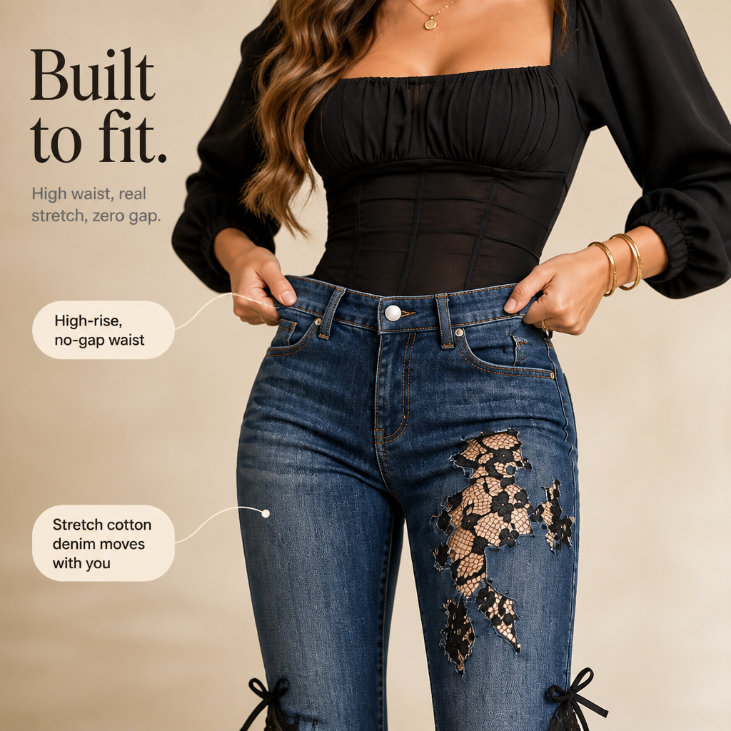 Laceflare – Black Floral Lace Panel Flare Jeans