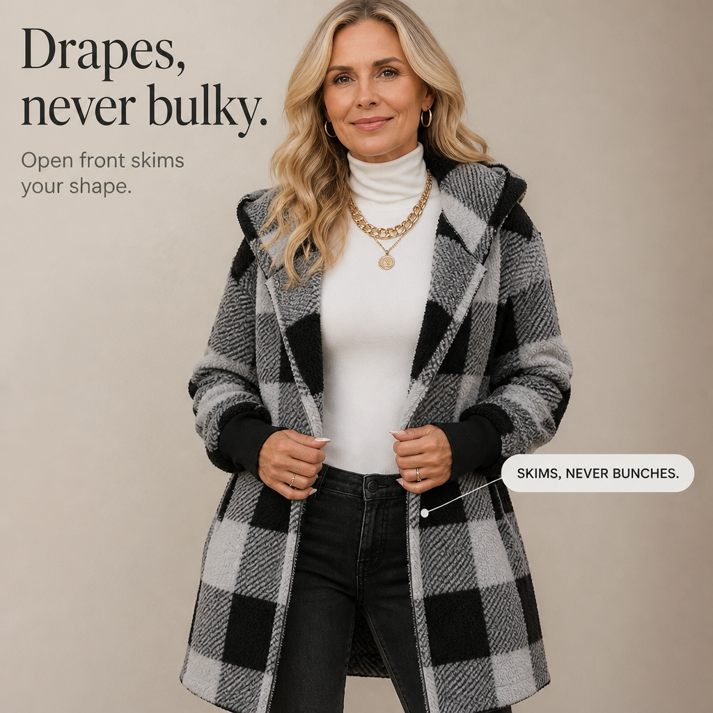 Plaidelle – Oversized Plaid Hooded Fleece-Look Cardigan