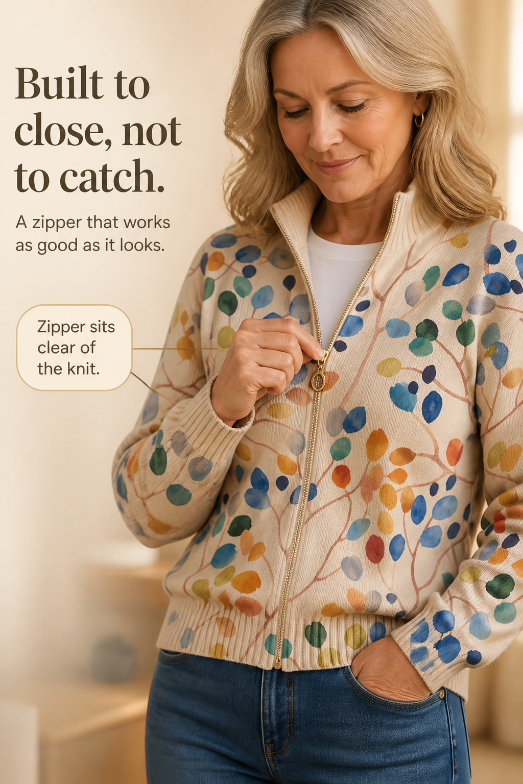 Threezip – Botanical Print Zip-Up Bomber Cardigan