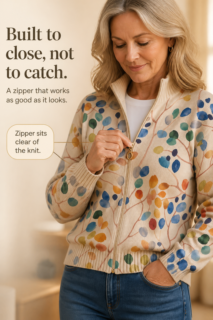 Threezip – Botanical Print Zip-Up Bomber Cardigan