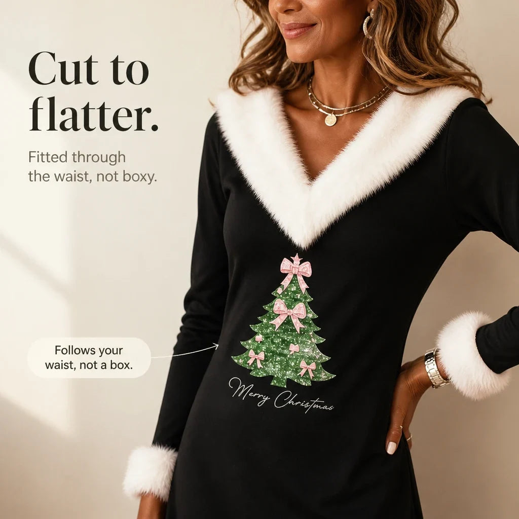 Tinsel Belle – Christmas Tree V-Neck Faux-Fur Collar Dress