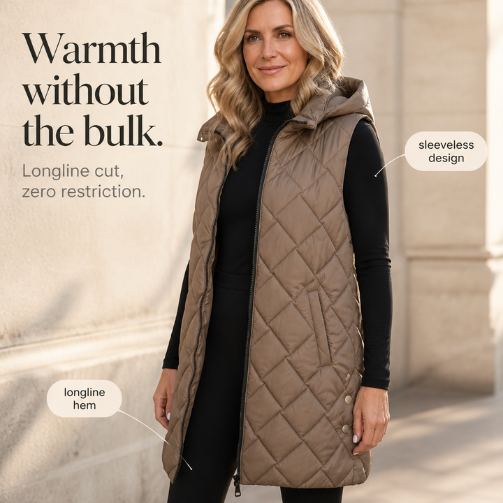 Quilted Ease – Square-Quilted Longline Hooded Vest