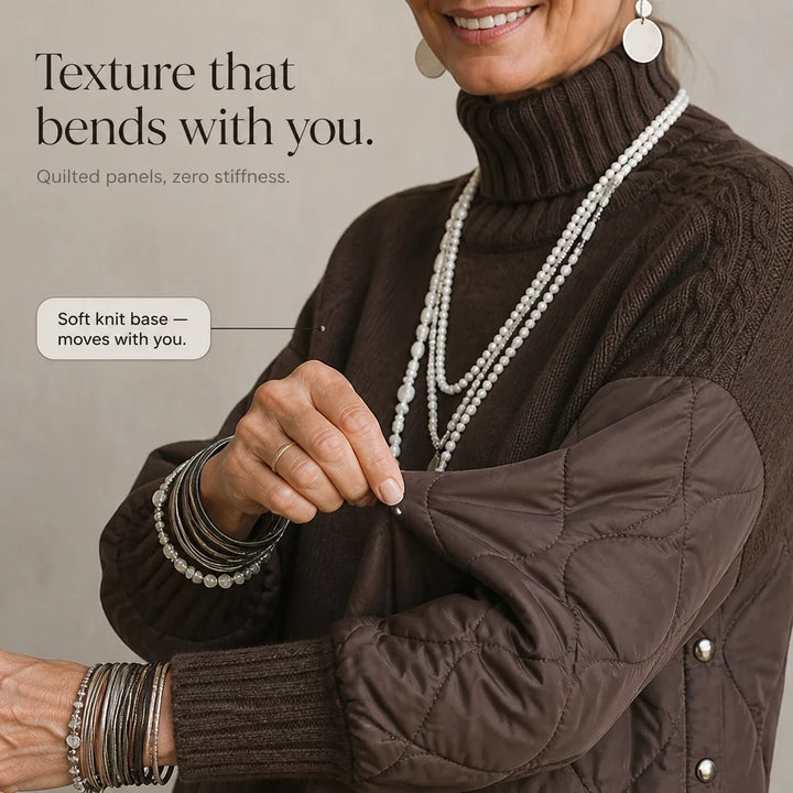 Quilted Haven – Quilted Panel Turtleneck Pullover
