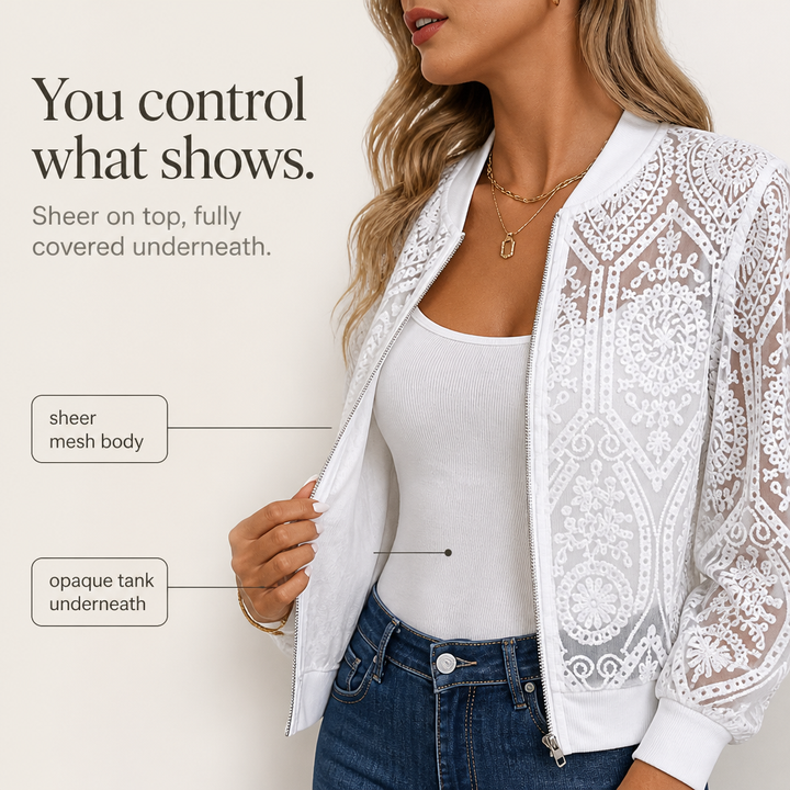 Laceleigh – Sheer Floral Lace Bomber Jacket