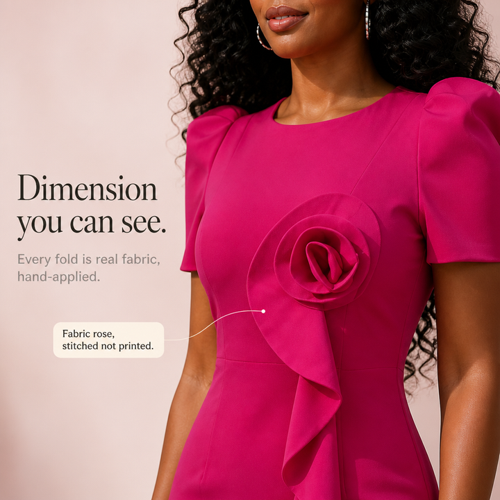 Rosevelle – 3D Rose Puff Sleeve Pencil Dress
