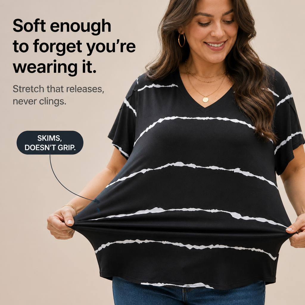 Curvella – Striped V-Neck Stretch Knit Tee