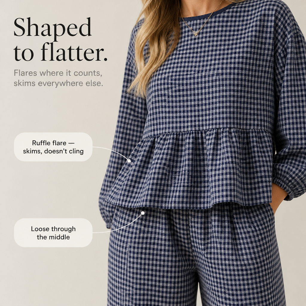 Elara – Gingham Peplum Top And Wide-Leg Pants Set