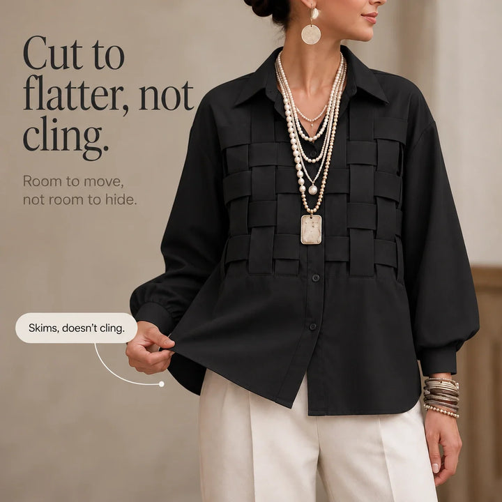 Wovelle – Raised Woven-Check Long-Sleeve Blouse