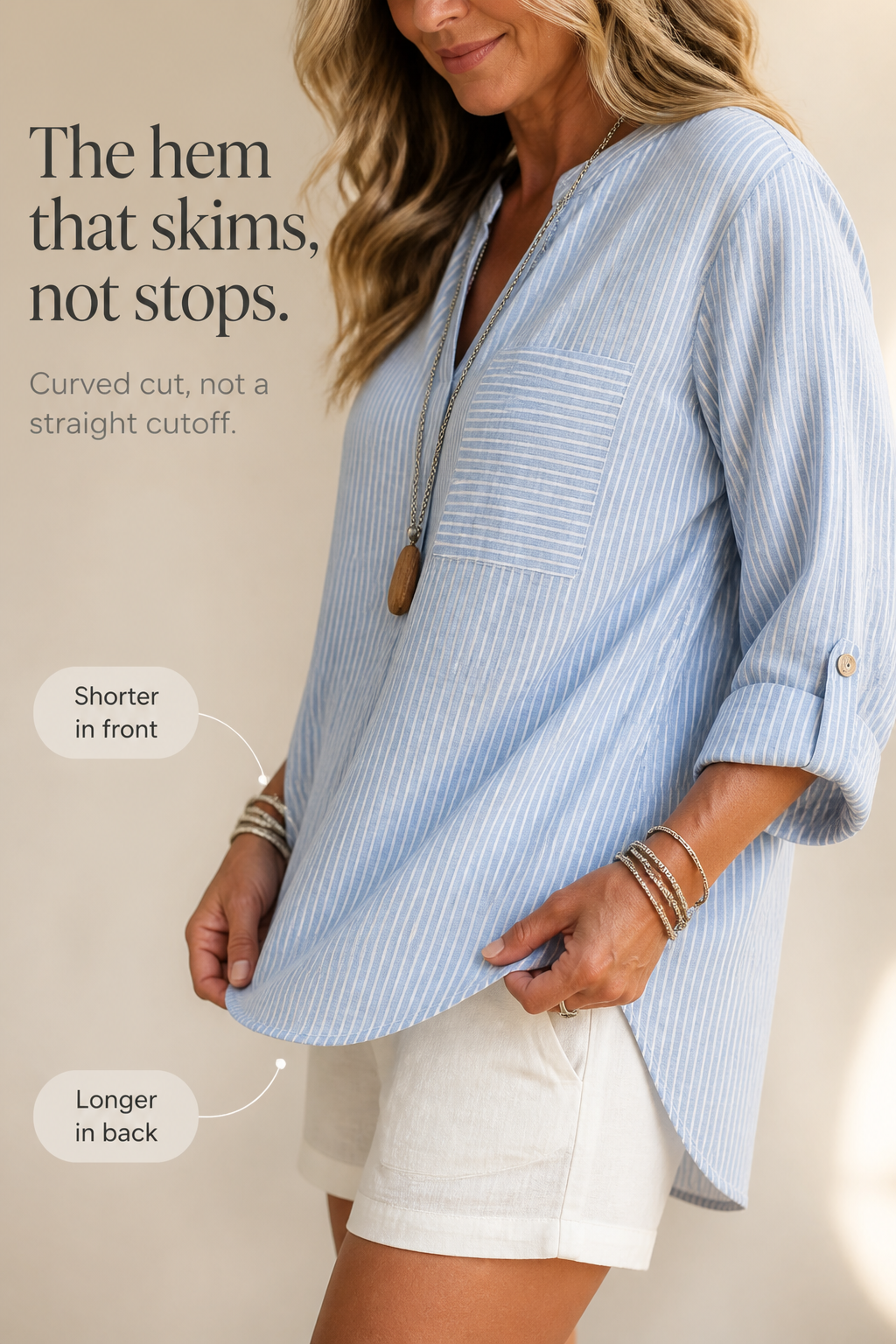 Wearbella – Striped V-Neck Roll-Sleeve Asymmetric Hem Top