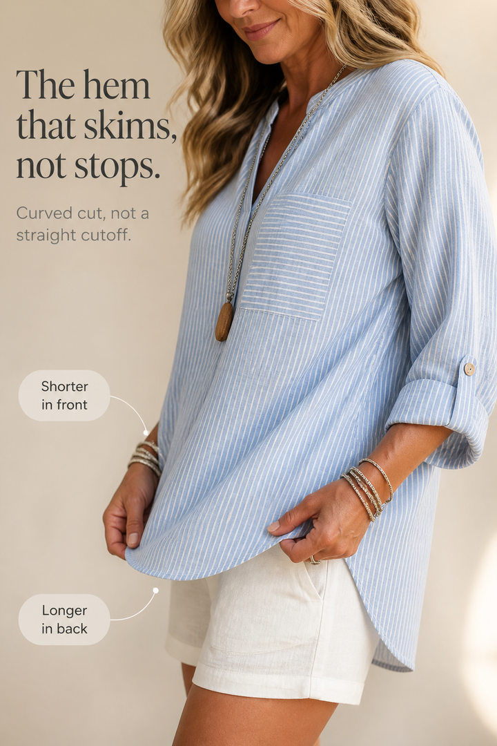Wearbella – Striped V-Neck Roll-Sleeve Asymmetric Hem Top