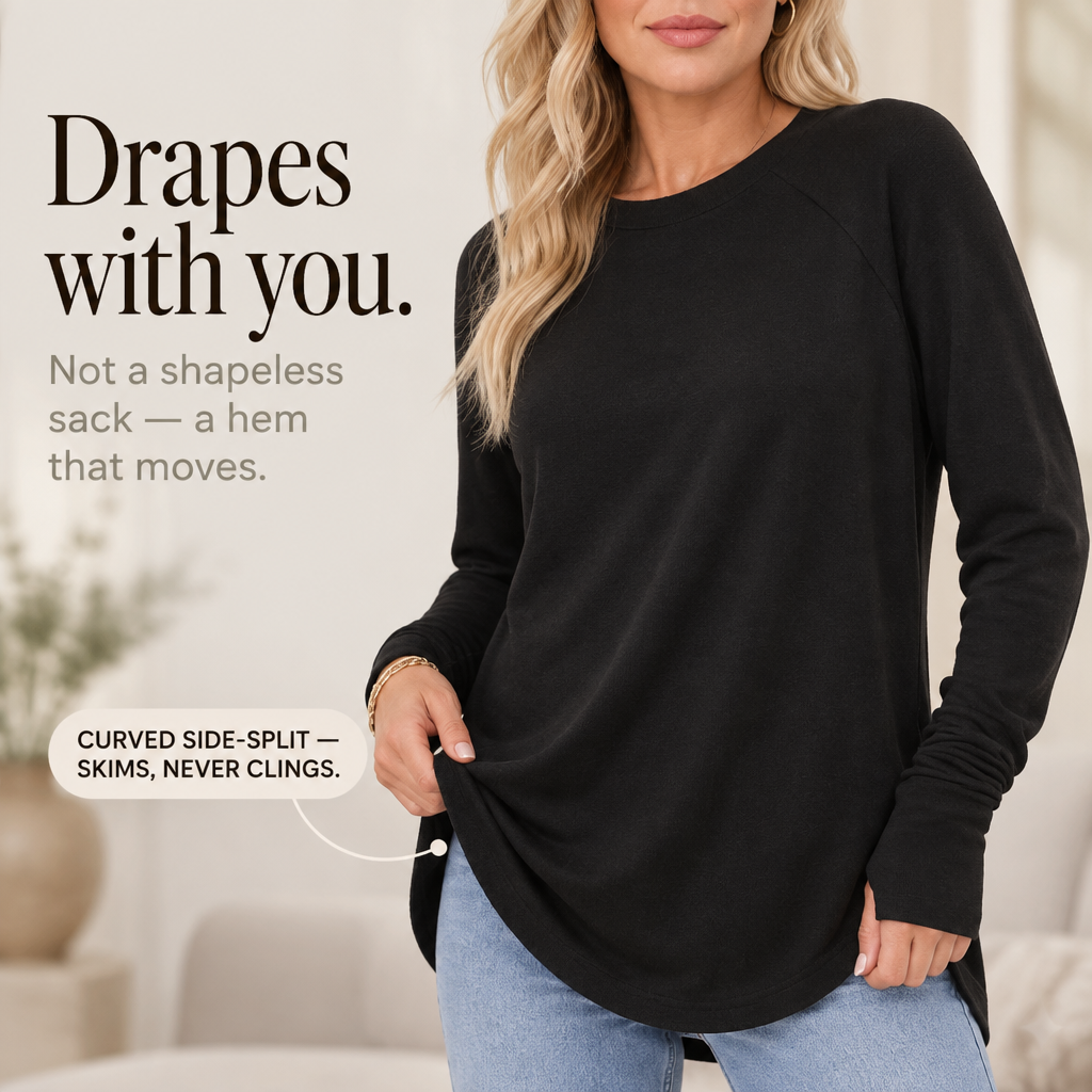 Cozelle – Thumbhole Cuff Side-Split Knit Top