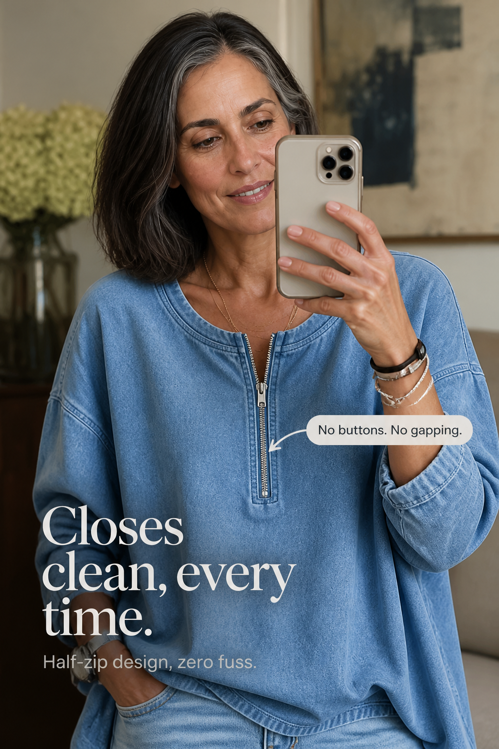 Zipdenim – Half-Zip Denim-Look Blouse