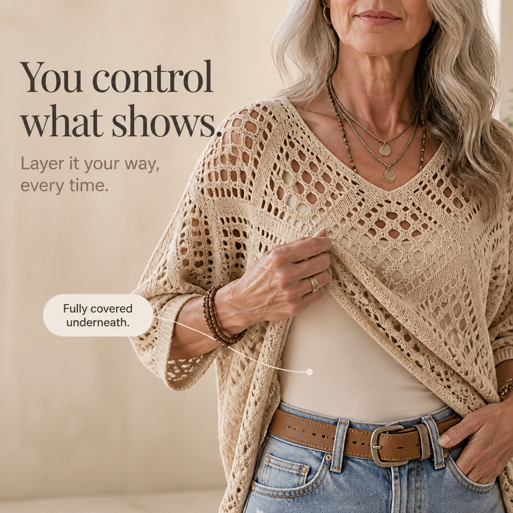 Sunlace – Diamond Openwork Drop-Shoulder Knit Top