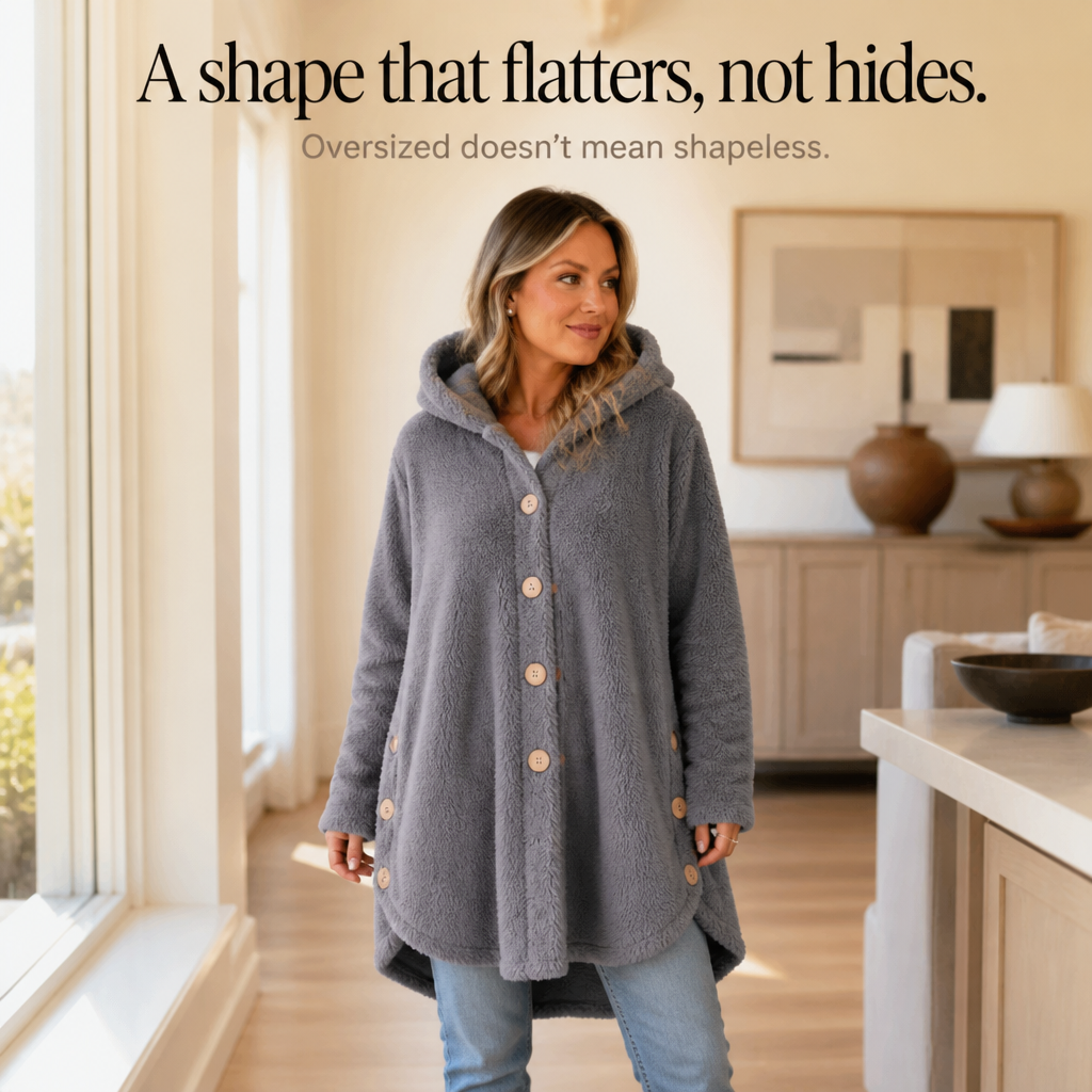 Veluna – Asymmetrical Button-Front Hooded Fleece Coat
