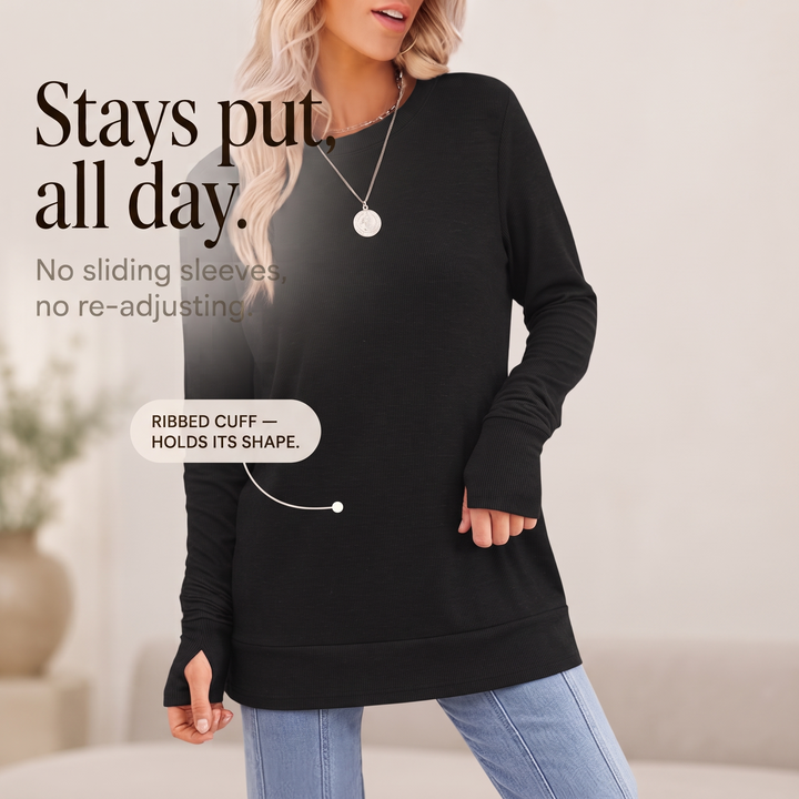 Cozelle – Thumbhole Cuff Side-Split Knit Top