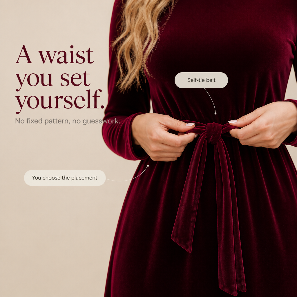 Velvora – Belted Velvet Look A-Line Maxi Dress